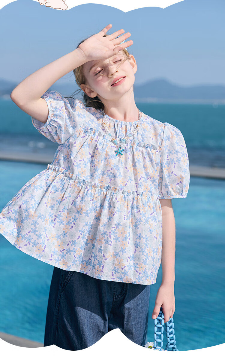 CHANZUIGOU Girls' Floral Doll Collar Shirt 2026 Summer New Pure Cotton Sweet Shirt 15